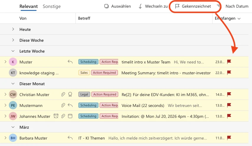 Outlook-Postfach gefiltert nach Gekennzeichnet, zeigt nur E-Mails, die noch Handlung verlangen, jeweils mit timelit-Kategorien gelabelt