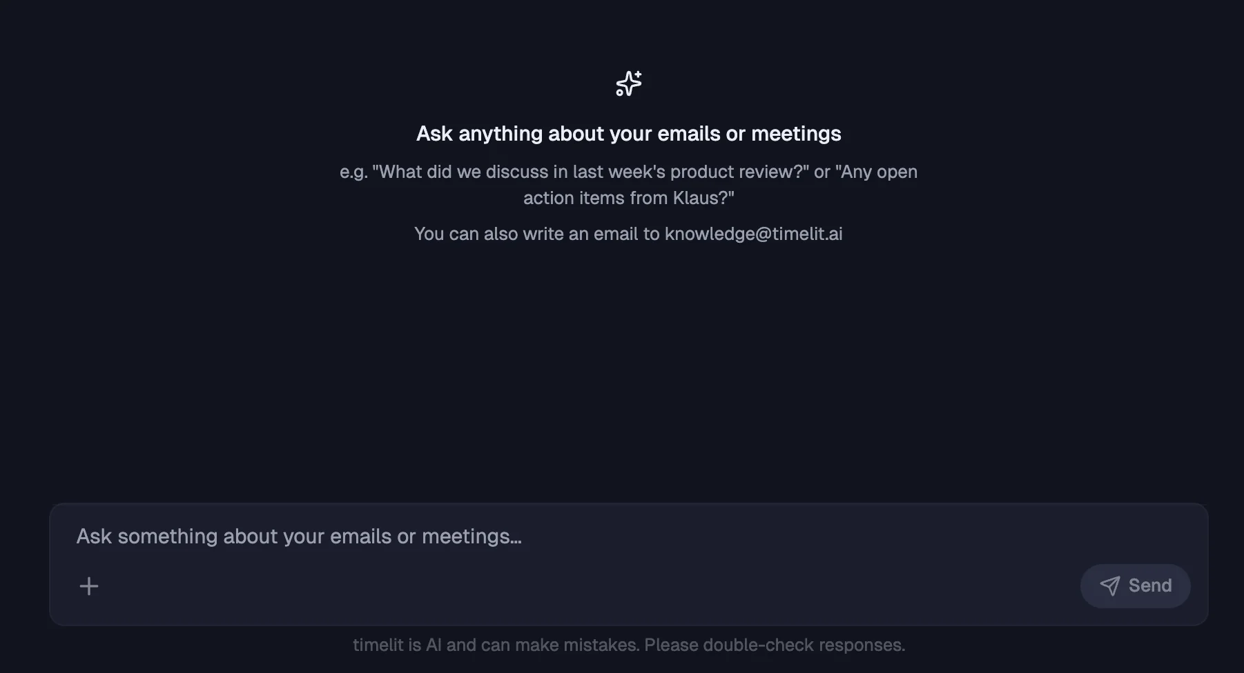 timelit Chat interface for asking questions about emails and meetings in plain language, with answers and cited sources