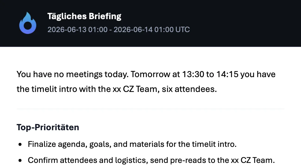 A daily briefing email from timelit showing today's meetings, action-required emails, and top priorities in one digest