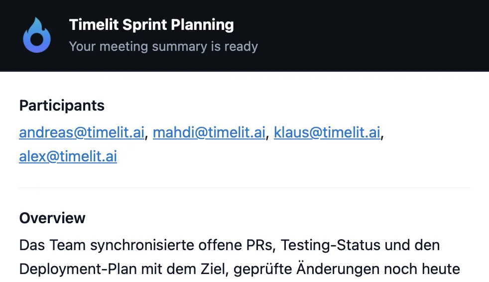 Meeting-Zusammenfassung per E-Mail von timelit mit Überblick, Entscheidungen, Action Items und nächsten Schritten direkt nach dem Call